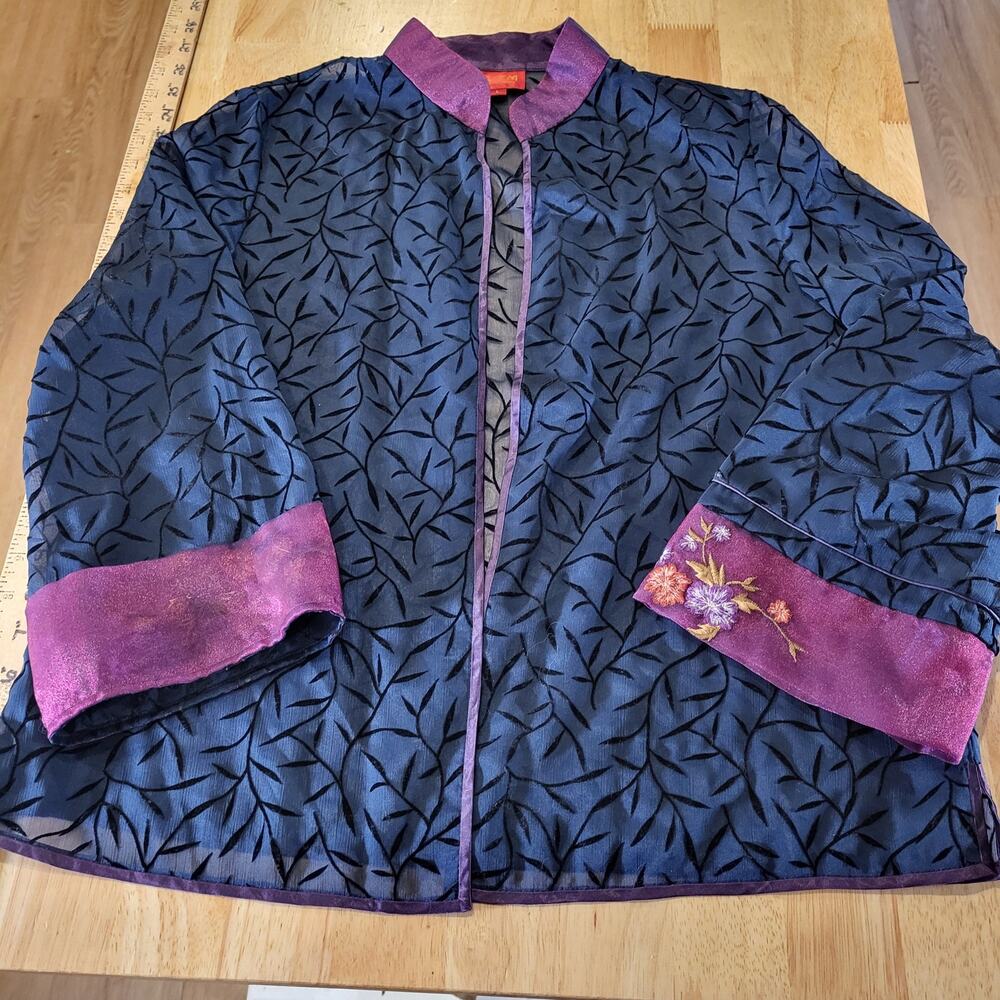Blue Sheer Botanical Patterned Mandarin Collar Chinese Purple Embroidered Cuffs